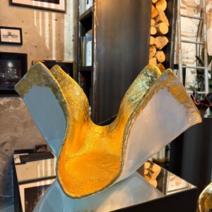 Concrete White Bowl Sculpture with Gold Leaf Details